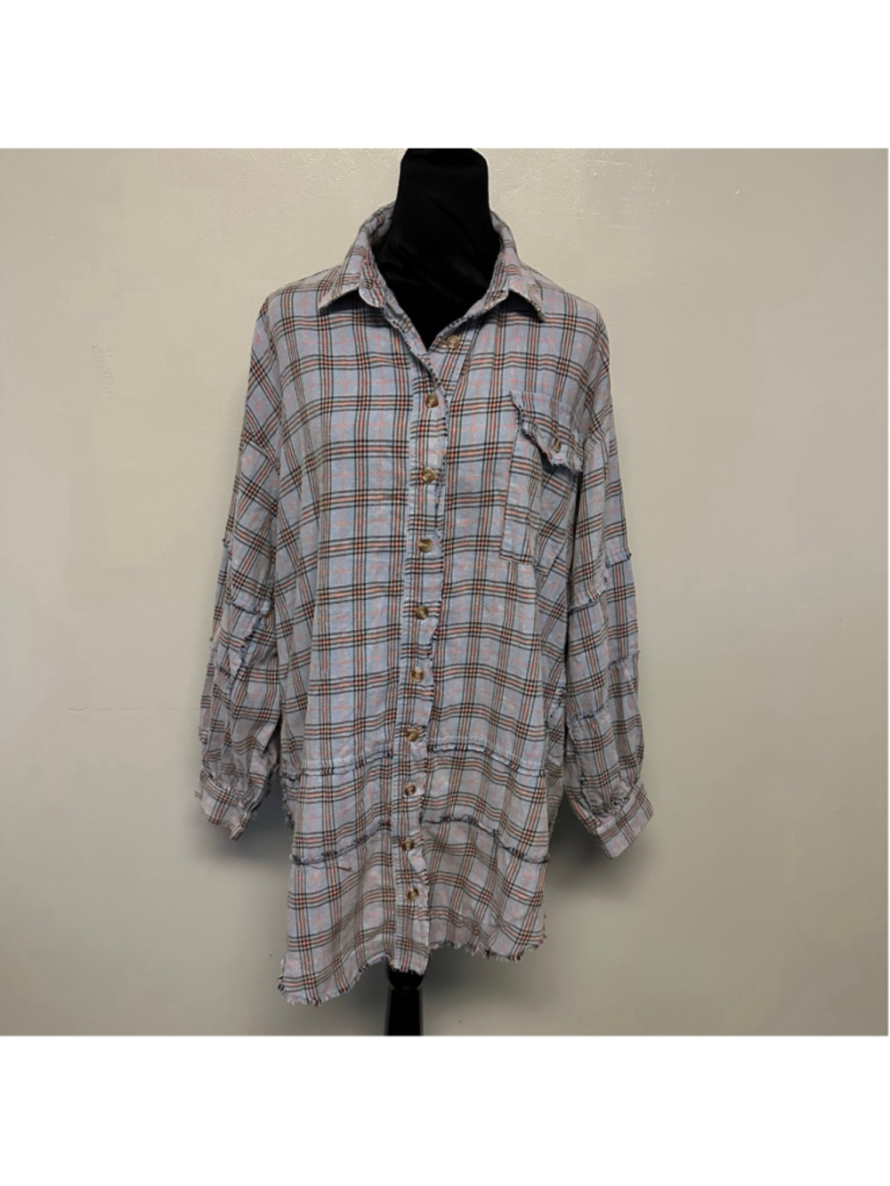 Easel Blue & Orange Plaid Button Down Shirt Dress Size Medium Tunic 100% Cotton